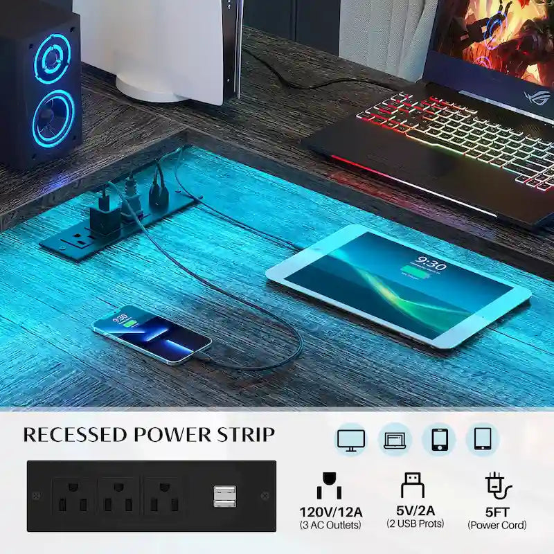 Scrivania a L con cassettiera portadocumenti e supporto per stampante, scrivania ad angolo reversibile per computer con presa di corrente e striscia LED