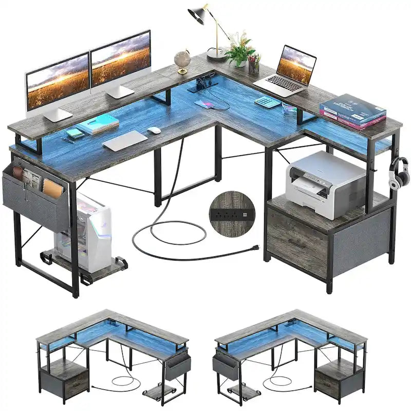 Scrivania a L con cassettiera portadocumenti e supporto per stampante, scrivania ad angolo reversibile per computer con presa di corrente e striscia LED