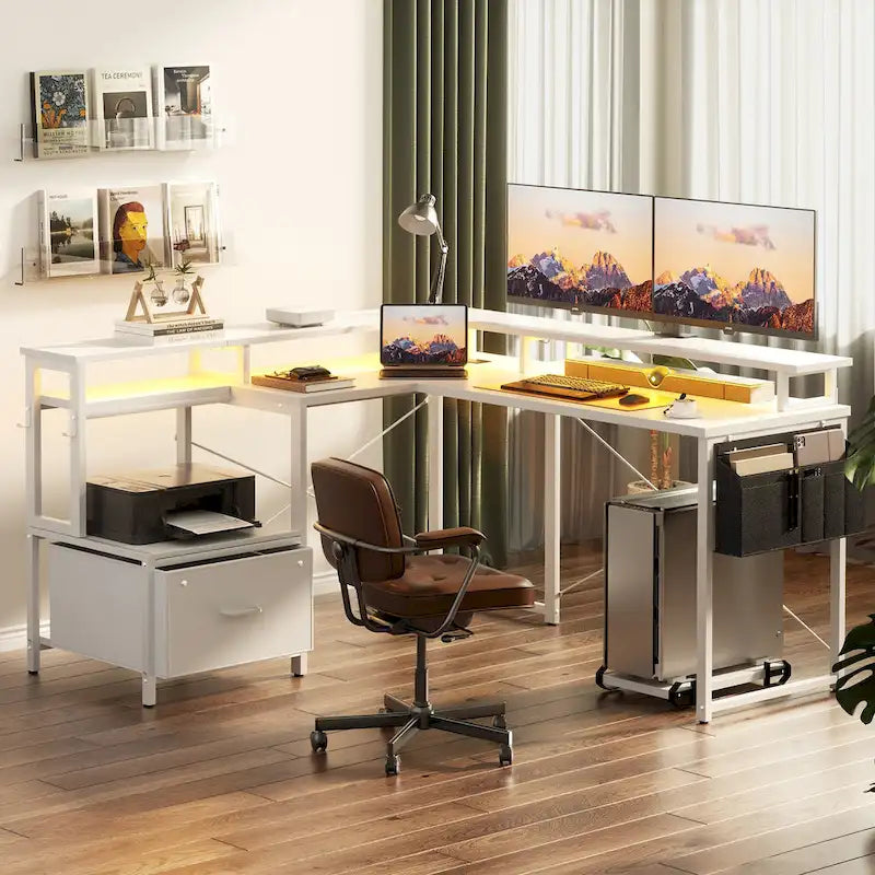 Scrivania a L con cassettiera portadocumenti e supporto per stampante, scrivania ad angolo reversibile per computer con presa di corrente e striscia LED