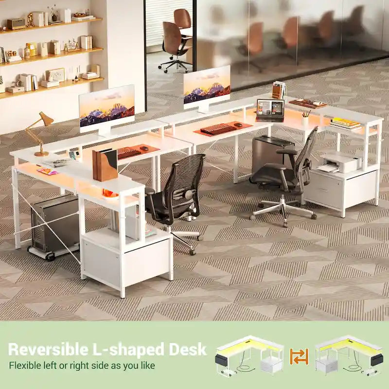 Scrivania a L con cassettiera portadocumenti e supporto per stampante, scrivania ad angolo reversibile per computer con presa di corrente e striscia LED