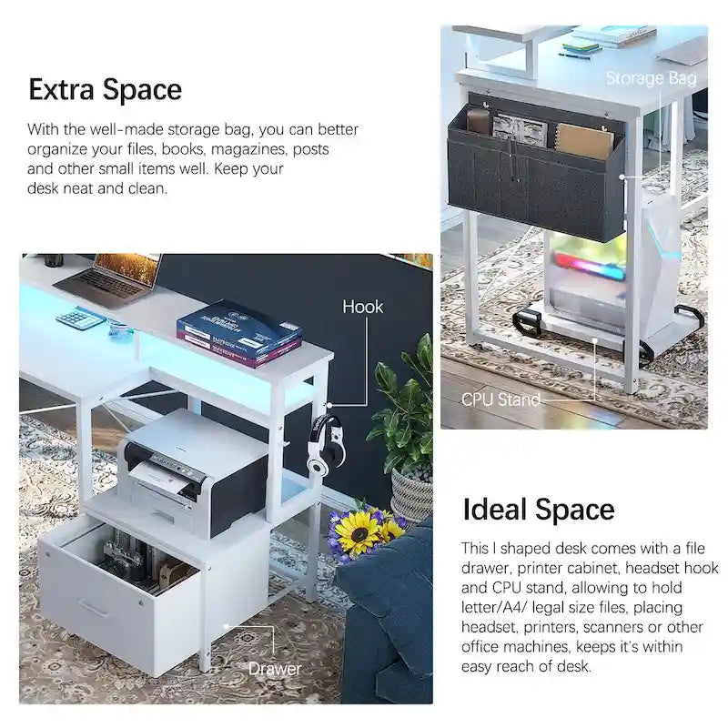 Scrivania a L con cassettiera portadocumenti e supporto per stampante, scrivania ad angolo reversibile per computer con presa di corrente e striscia LED