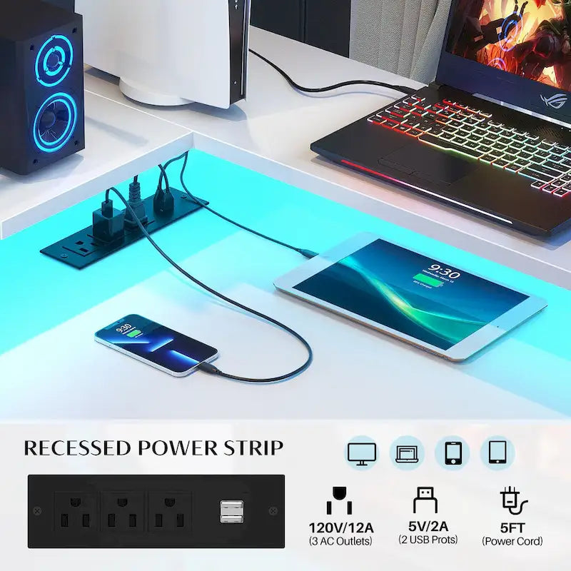 Scrivania a L con cassettiera portadocumenti e supporto per stampante, scrivania ad angolo reversibile per computer con presa di corrente e striscia LED