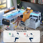 Scrivania a L con cassettiera portadocumenti e supporto per stampante, scrivania ad angolo reversibile per computer con presa di corrente e striscia LED