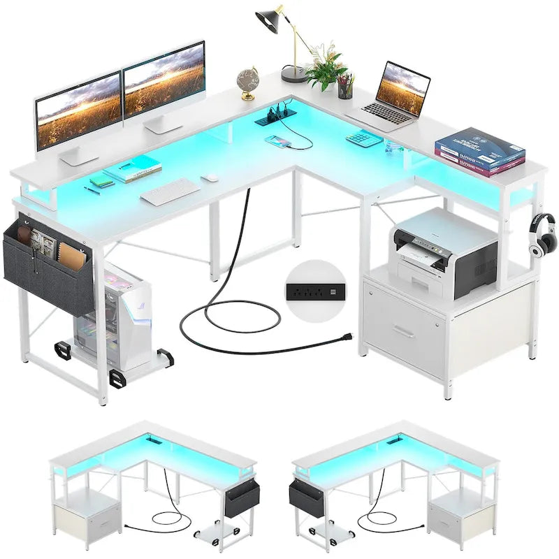 Scrivania a L con cassettiera portadocumenti e supporto per stampante, scrivania ad angolo reversibile per computer con presa di corrente e striscia LED