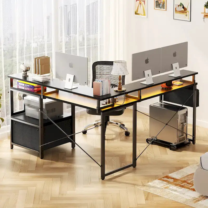 Scrivania a L con cassettiera portadocumenti e supporto per stampante, scrivania ad angolo reversibile per computer con presa di corrente e striscia LED