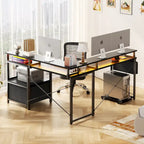 Scrivania a L con cassettiera portadocumenti e supporto per stampante, scrivania ad angolo reversibile per computer con presa di corrente e striscia LED