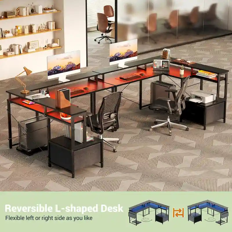 Scrivania a L con cassettiera portadocumenti e supporto per stampante, scrivania ad angolo reversibile per computer con presa di corrente e striscia LED