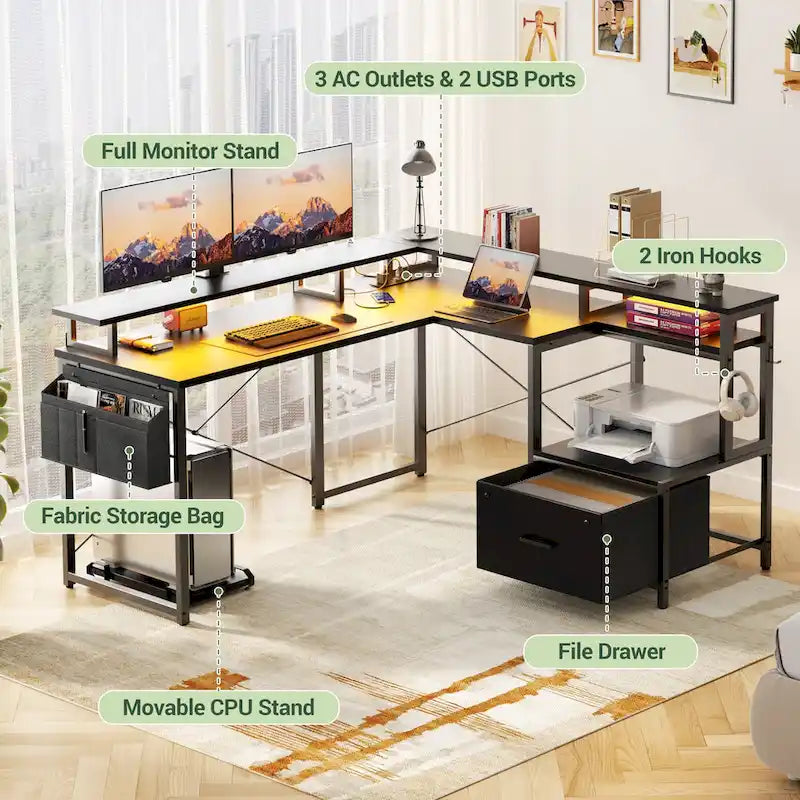 Scrivania a L con cassettiera portadocumenti e supporto per stampante, scrivania ad angolo reversibile per computer con presa di corrente e striscia LED