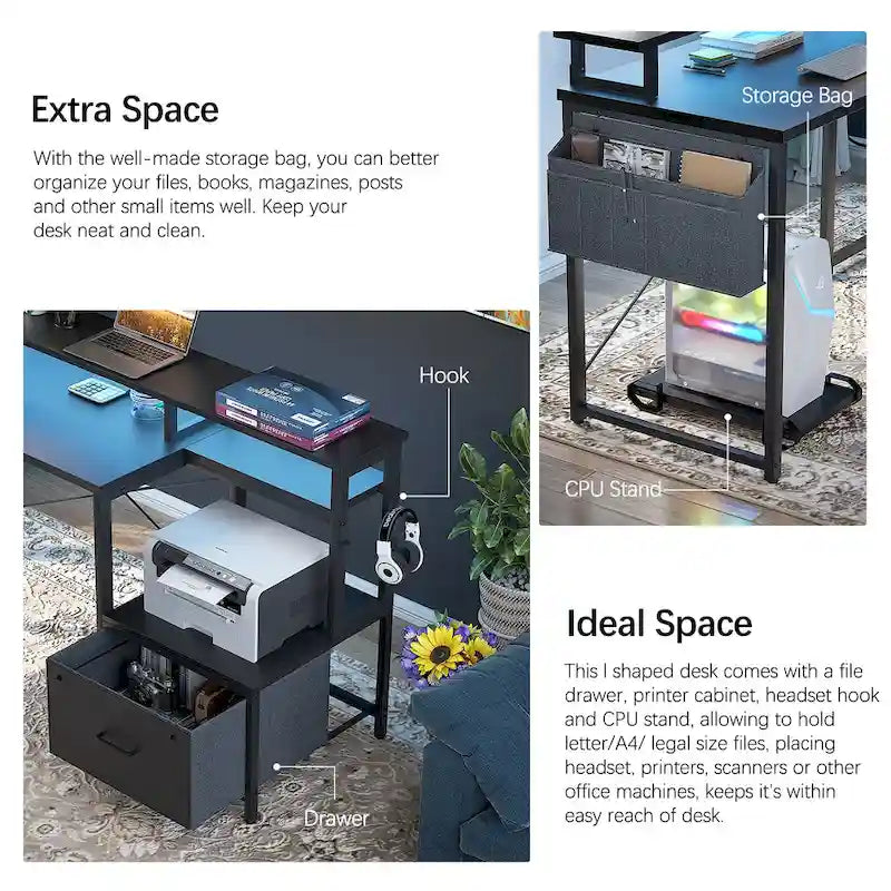 Scrivania a L con cassettiera portadocumenti e supporto per stampante, scrivania ad angolo reversibile per computer con presa di corrente e striscia LED