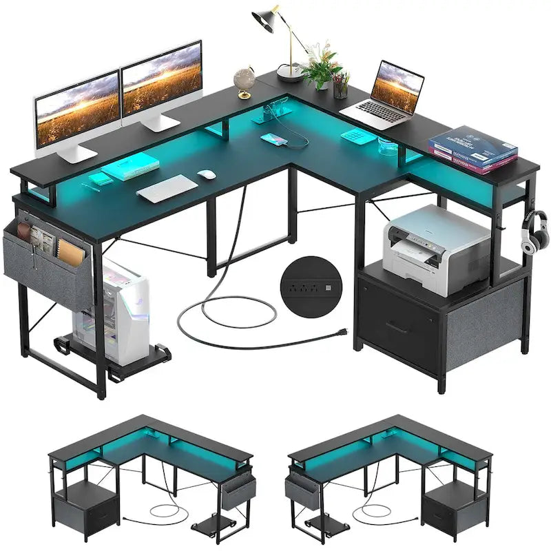 Scrivania a L con cassettiera portadocumenti e supporto per stampante, scrivania ad angolo reversibile per computer con presa di corrente e striscia LED