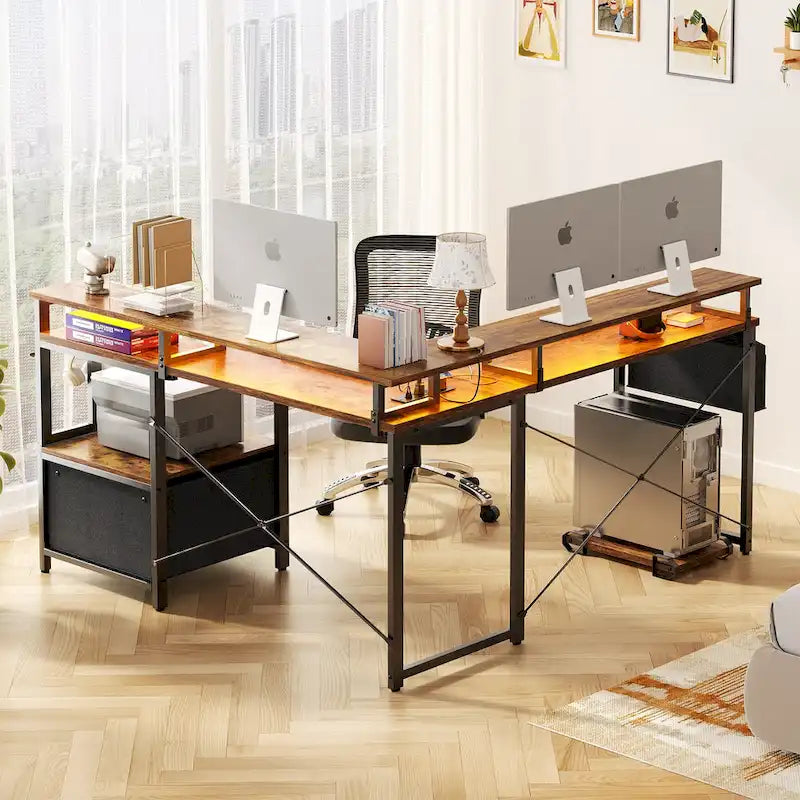 Scrivania a L con cassettiera portadocumenti e supporto per stampante, scrivania ad angolo reversibile per computer con presa di corrente e striscia LED