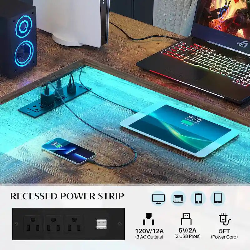 Scrivania a L con cassettiera portadocumenti e supporto per stampante, scrivania ad angolo reversibile per computer con presa di corrente e striscia LED