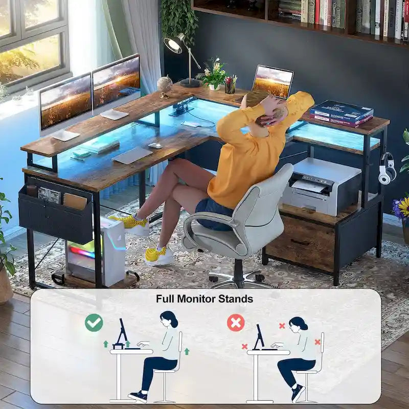 Scrivania a L con cassettiera portadocumenti e supporto per stampante, scrivania ad angolo reversibile per computer con presa di corrente e striscia LED