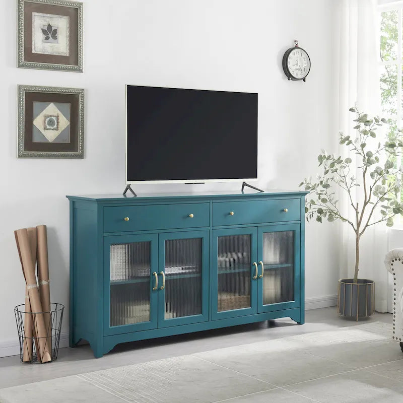 Mobili TV Moderni Coastal Color Teel con 2 Armadietti, 2 Cassetti e Maniglie Dorate per Soggiorno e Camera da Letto