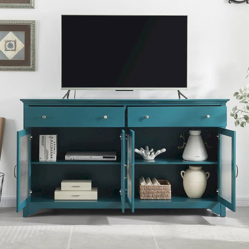 Mobili TV Moderni Coastal Color Teel con 2 Armadietti, 2 Cassetti e Maniglie Dorate per Soggiorno e Camera da Letto