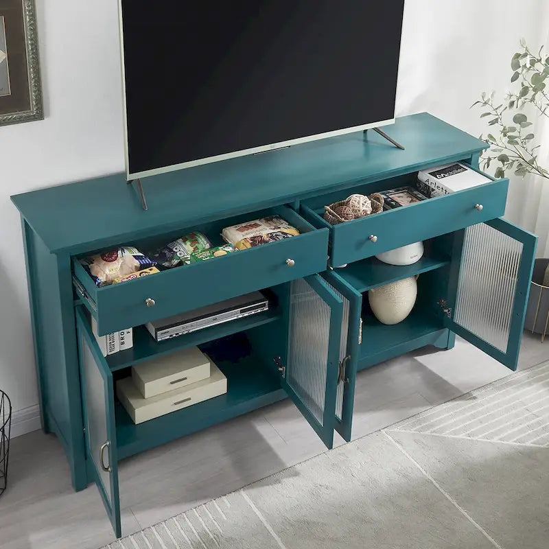 Mobili TV Moderni Coastal Color Teel con 2 Armadietti, 2 Cassetti e Maniglie Dorate per Soggiorno e Camera da Letto