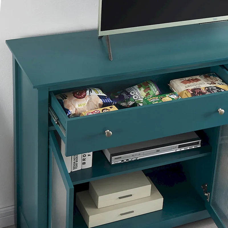 Mobili TV Moderni Coastal Color Teel con 2 Armadietti, 2 Cassetti e Maniglie Dorate per Soggiorno e Camera da Letto
