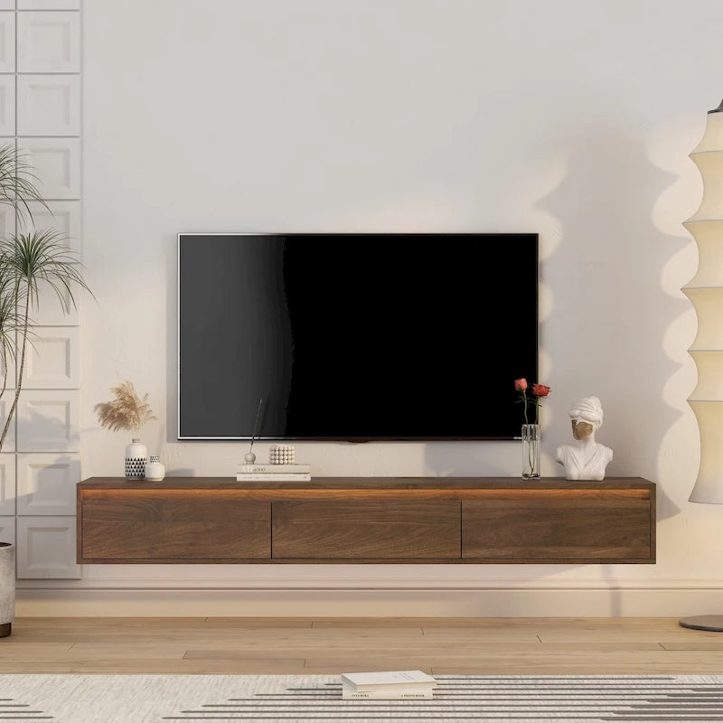 Mobile TV moderno sospeso in legno con 3 vani portaoggetti e luci LED per soggiorno, camera da letto e home theater