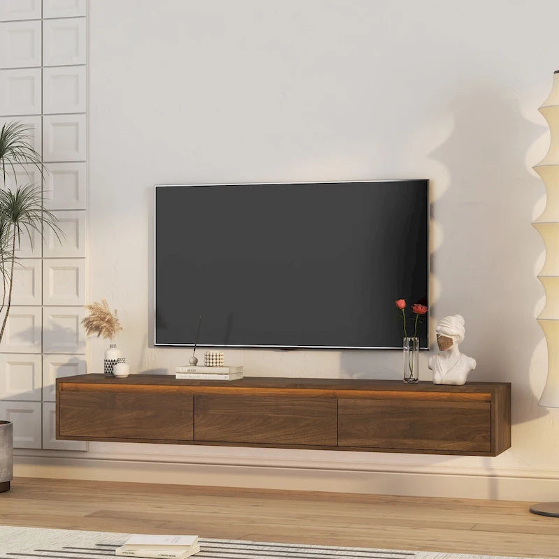 Mobile TV moderno sospeso in legno con 3 vani portaoggetti e luci LED per soggiorno, camera da letto e home theater