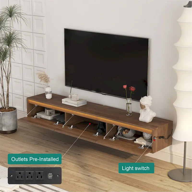 Mobile TV moderno sospeso in legno con 3 vani portaoggetti e luci LED per soggiorno, camera da letto e home theater