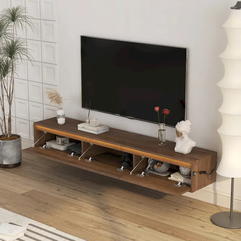 Mobile TV moderno sospeso in legno con 3 vani portaoggetti e luci LED per soggiorno, camera da letto e home theater