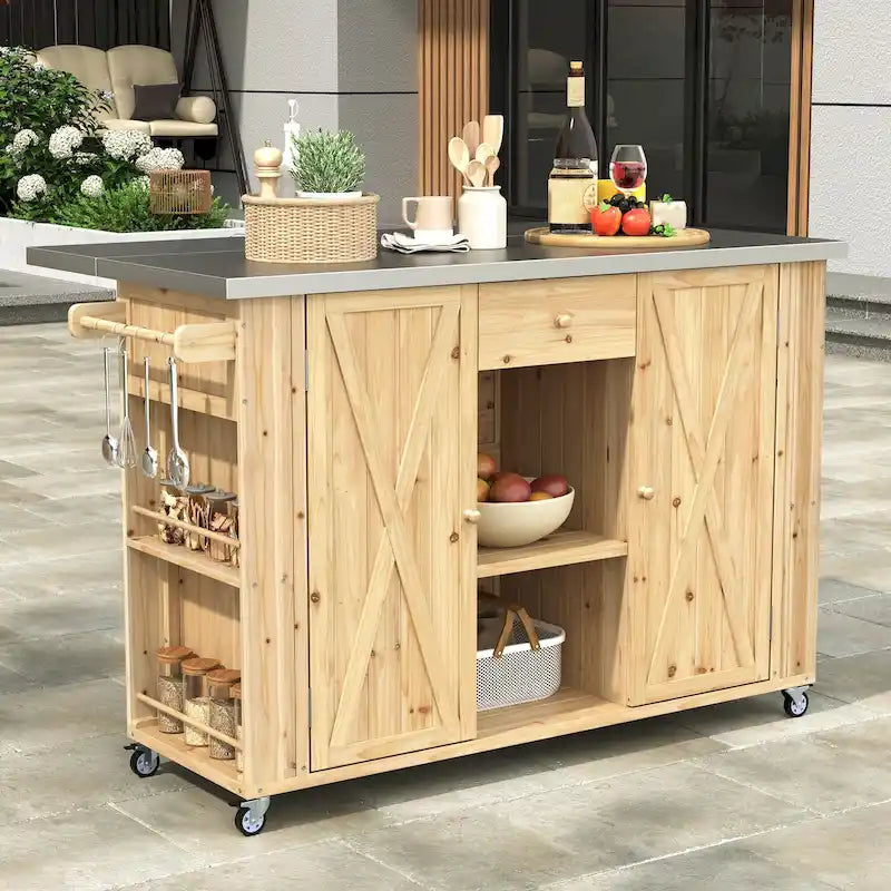 Isola da Cucina da Esterno in Legno Massello di Abete con Piano in Acciaio Inox, Carrello da Esterno Mobile con Ante a Battente, Cassetto