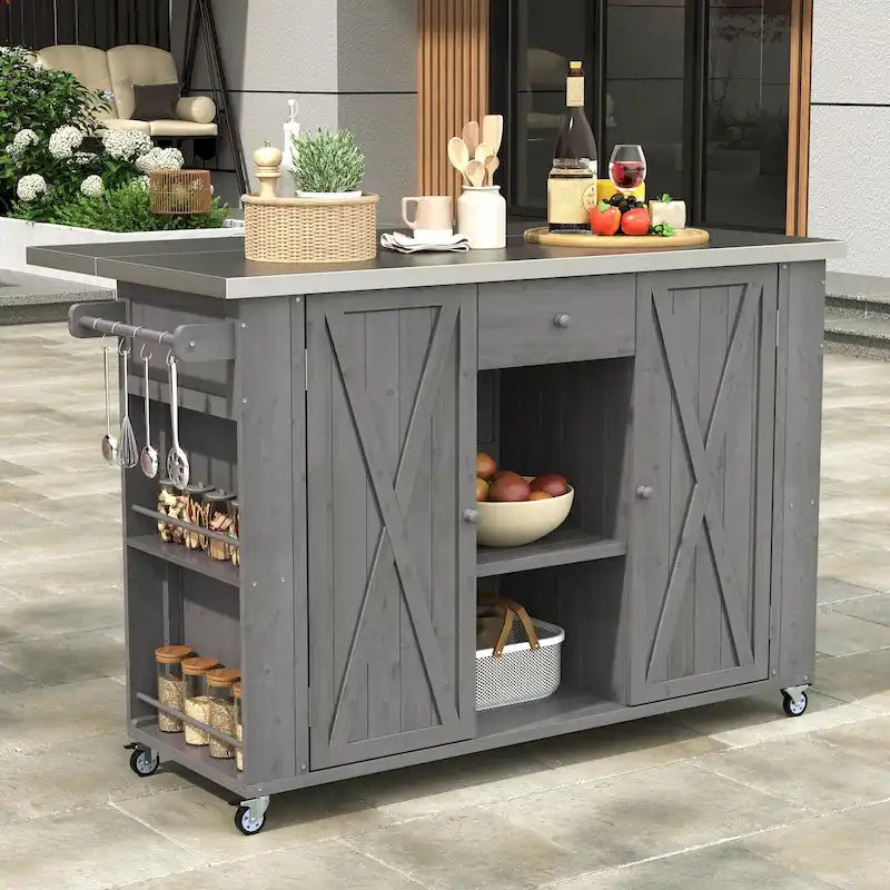 Isola da Cucina da Esterno in Legno Massello di Abete con Piano in Acciaio Inox, Carrello da Esterno Mobile con Ante a Battente, Cassetto