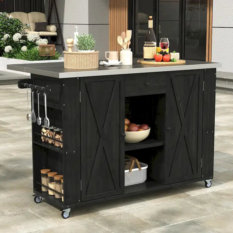 Isola da Cucina da Esterno in Legno Massello di Abete con Piano in Acciaio Inox, Carrello da Esterno Mobile con Ante a Battente, Cassetto