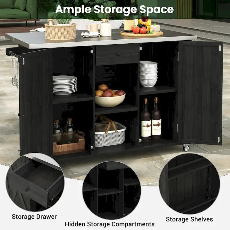 Isola da Cucina da Esterno in Legno Massello di Abete con Piano in Acciaio Inox, Carrello da Esterno Mobile con Ante a Battente, Cassetto