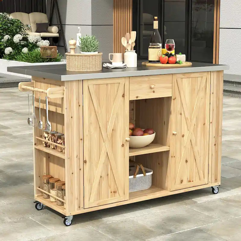 Isola da Cucina da Esterno in Legno Massello di Abete con Piano in Acciaio Inox, Carrello da Esterno Mobile con Ante a Battente, Cassetto