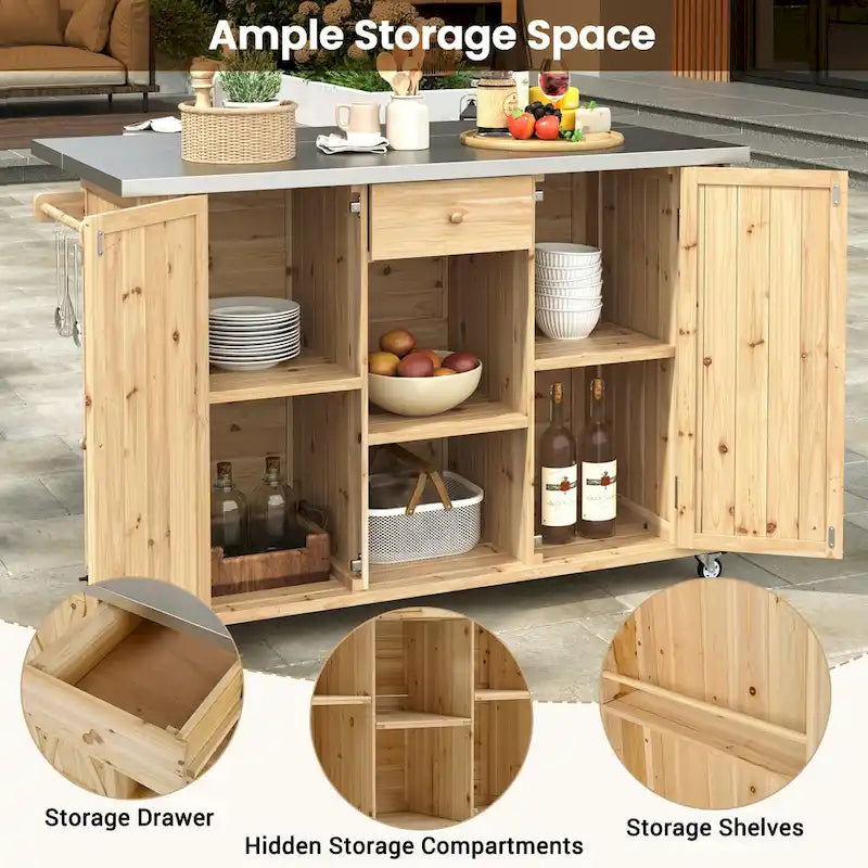 Isola da Cucina da Esterno in Legno Massello di Abete con Piano in Acciaio Inox, Carrello da Esterno Mobile con Ante a Battente, Cassetto