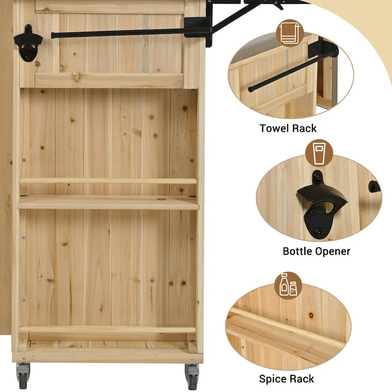 Isola da Cucina da Esterno in Legno Massello di Abete con Piano in Acciaio Inox, Carrello da Esterno Mobile con Ante a Battente, Cassetto
