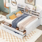 Letto a piattaforma "Captain" in legno full size con librerie integrate, tre cassetti portaoggetti e letto estraibile