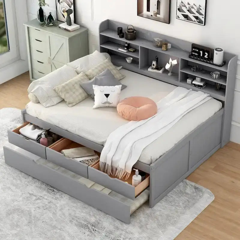 Letto a piattaforma "Captain" in legno full size con librerie integrate, tre cassetti portaoggetti e letto estraibile