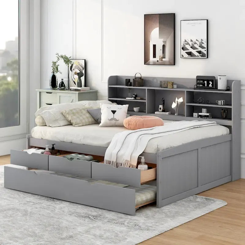 Letto a piattaforma "Captain" in legno full size con librerie integrate, tre cassetti portaoggetti e letto estraibile