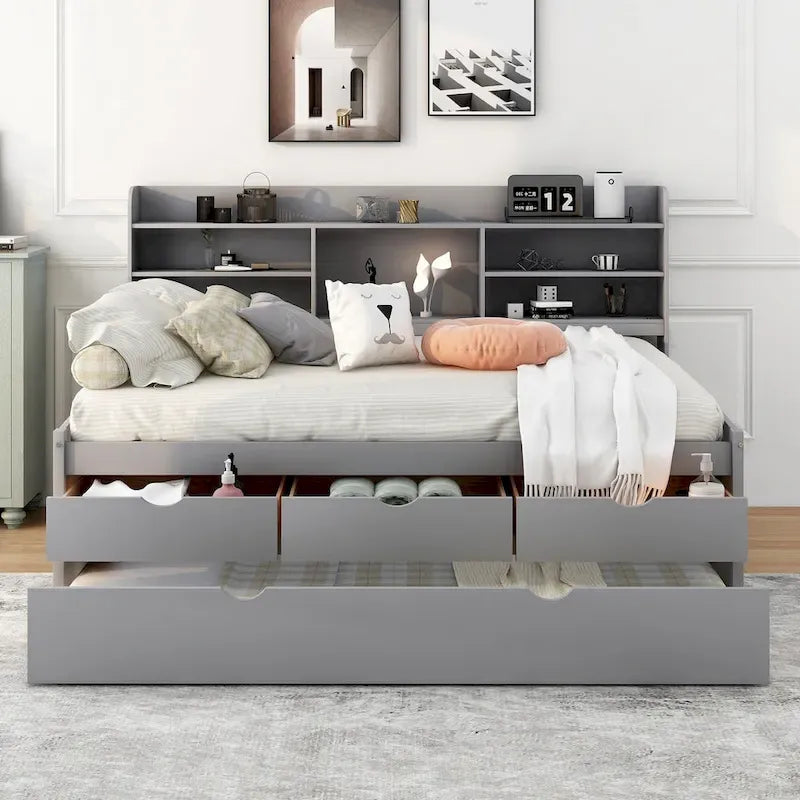 Letto a piattaforma "Captain" in legno full size con librerie integrate, tre cassetti portaoggetti e letto estraibile