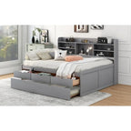 Letto a piattaforma "Captain" in legno full size con librerie integrate, tre cassetti portaoggetti e letto estraibile