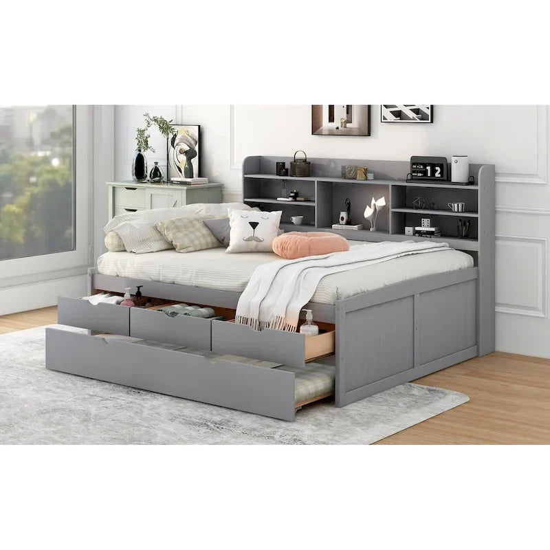Letto a piattaforma "Captain" in legno full size con librerie integrate, tre cassetti portaoggetti e letto estraibile