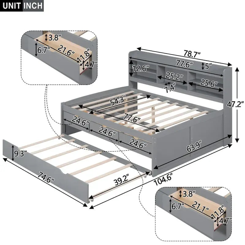 Letto a piattaforma "Captain" in legno full size con librerie integrate, tre cassetti portaoggetti e letto estraibile