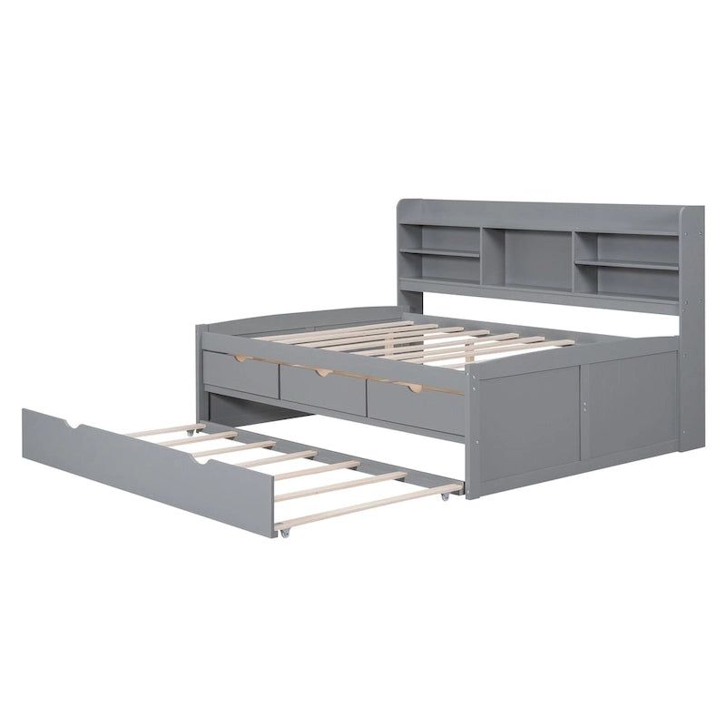 Letto a piattaforma "Captain" in legno full size con librerie integrate, tre cassetti portaoggetti e letto estraibile