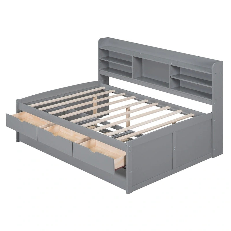 Letto a piattaforma "Captain" in legno full size con librerie integrate, tre cassetti portaoggetti e letto estraibile