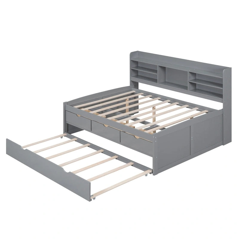 Letto a piattaforma "Captain" in legno full size con librerie integrate, tre cassetti portaoggetti e letto estraibile