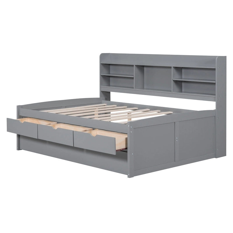 Letto a piattaforma "Captain" in legno full size con librerie integrate, tre cassetti portaoggetti e letto estraibile