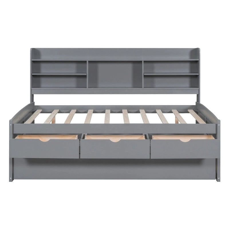 Letto a piattaforma "Captain" in legno full size con librerie integrate, tre cassetti portaoggetti e letto estraibile