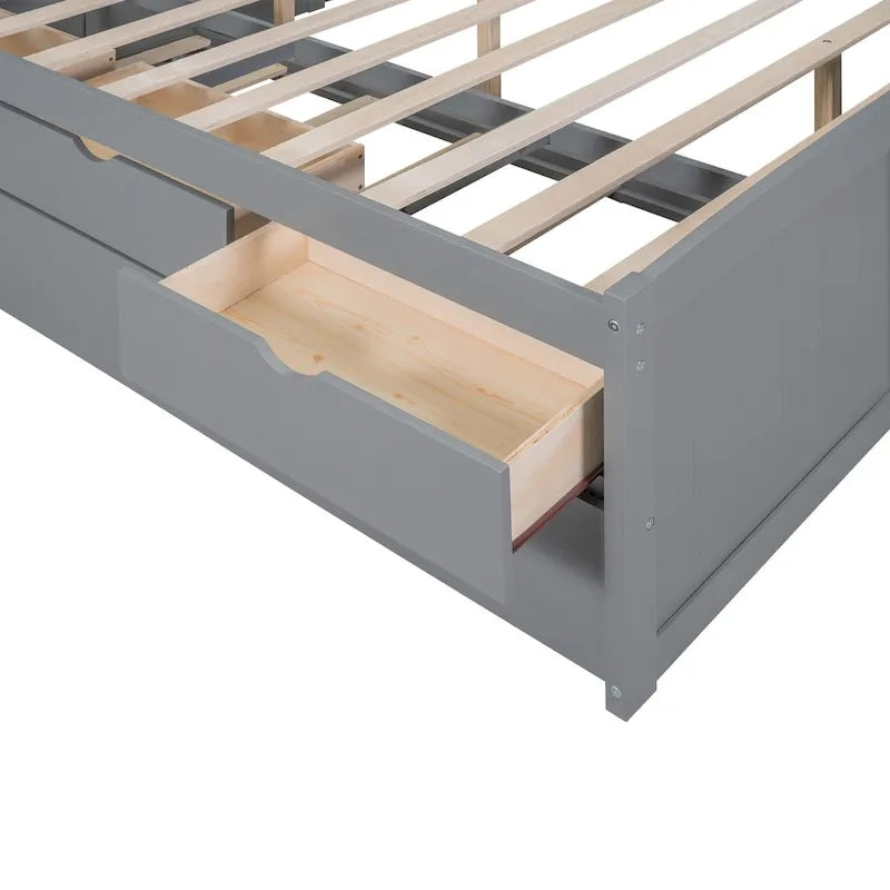 Letto a piattaforma "Captain" in legno full size con librerie integrate, tre cassetti portaoggetti e letto estraibile