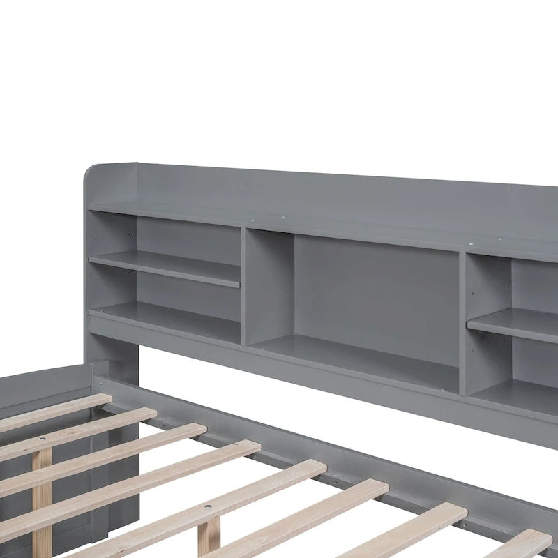 Letto a piattaforma "Captain" in legno full size con librerie integrate, tre cassetti portaoggetti e letto estraibile