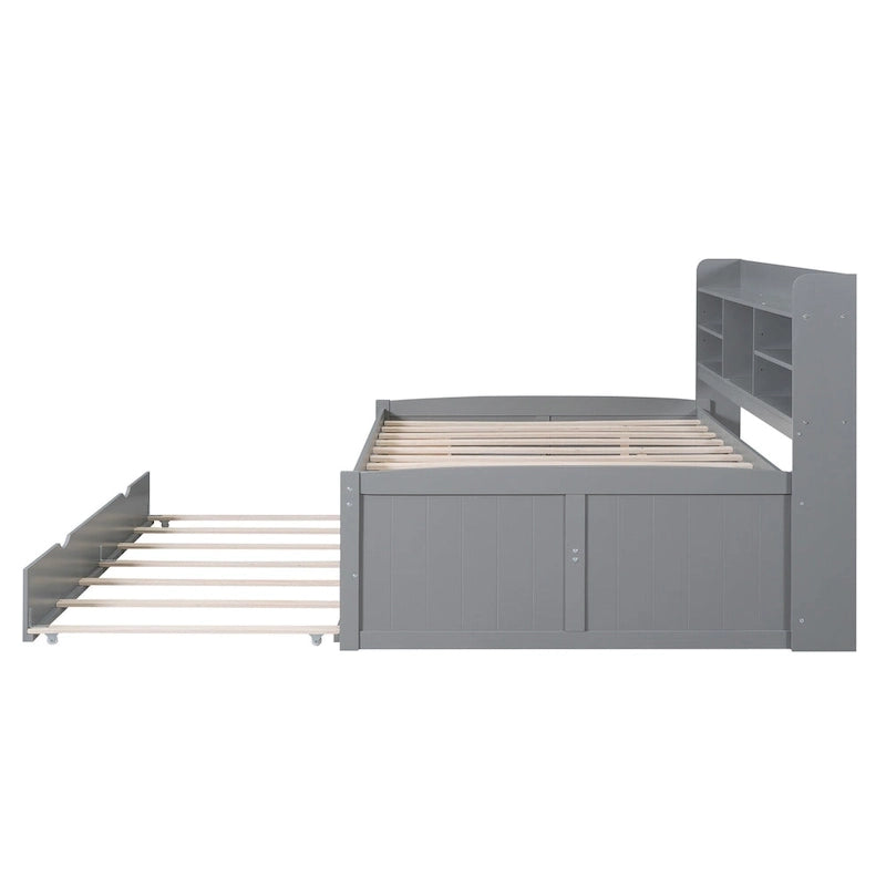 Letto a piattaforma "Captain" in legno full size con librerie integrate, tre cassetti portaoggetti e letto estraibile