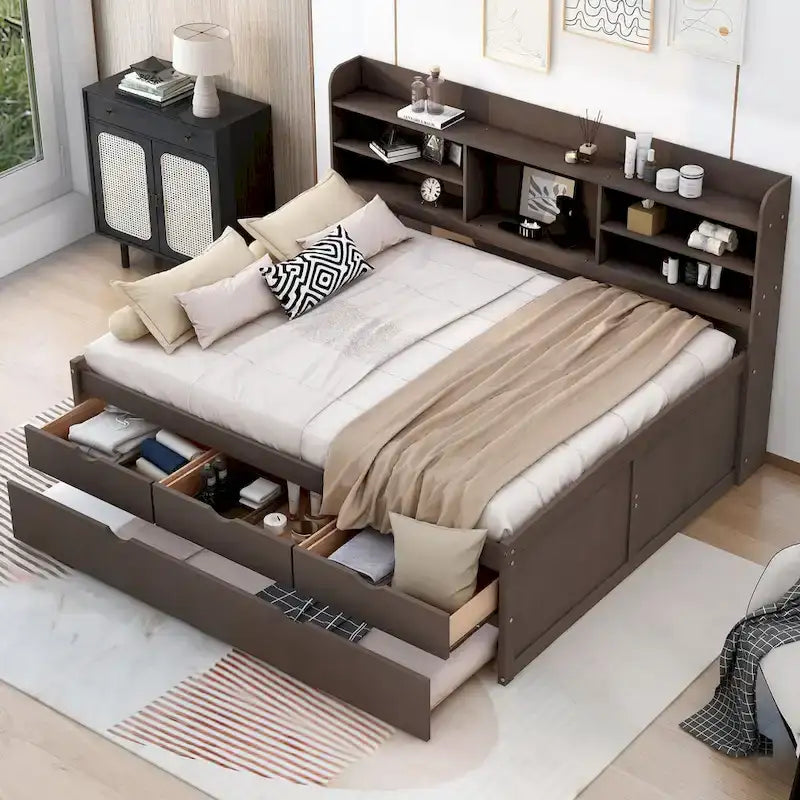 Letto a piattaforma "Captain" in legno full size con librerie integrate, tre cassetti portaoggetti e letto estraibile