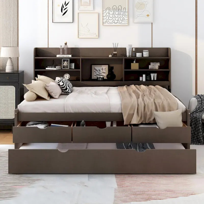 Letto a piattaforma "Captain" in legno full size con librerie integrate, tre cassetti portaoggetti e letto estraibile