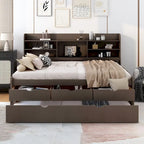 Letto a piattaforma "Captain" in legno full size con librerie integrate, tre cassetti portaoggetti e letto estraibile